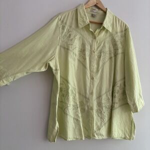 Edward Blouse Womens 3X Lime Green  100% Linen Button Up Embroidered Floral Chic
